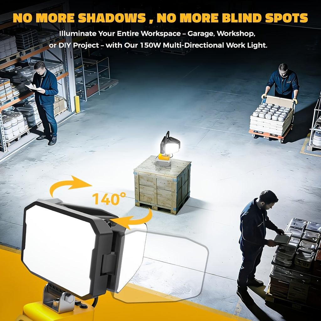 Diytoolifz 15000LM 150W LED Work Light - Compatible with DeWalt 20V Battery, 3-Head Adjustable Flood Light, 6500K Daylight, 2 Brightness Modes, USB Fast Charging - Portable Jobsite & Emergency Light - Tool Only (No Battery)