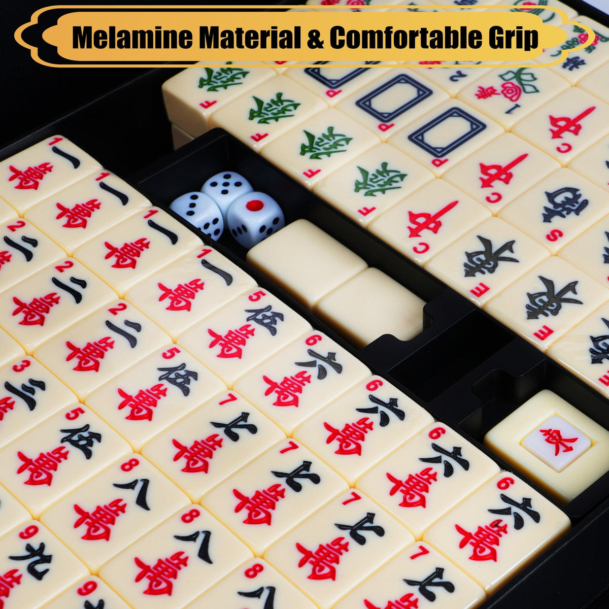 36mm Mahjong Set, 146 Melamine Tiles with Carrying Case - Full Size 1.4 Inch Ivory White Tiles, Arabic Numerals, Dice, Wind Suit & Instructions, Family Game Night Gift for Adults