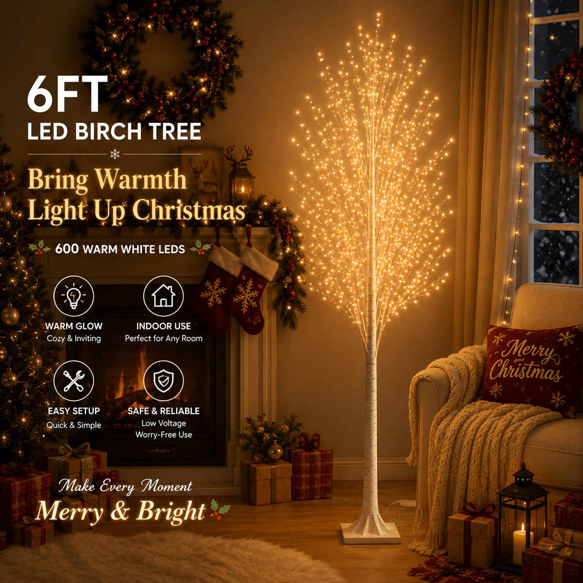 6FT 600 LED Warm White Artificial Birch Tree Floor Lamp Flexible Branches Hand-Wrapped Bark Trunk Plug-In for Living Room Christmas Wedding & Home Decor