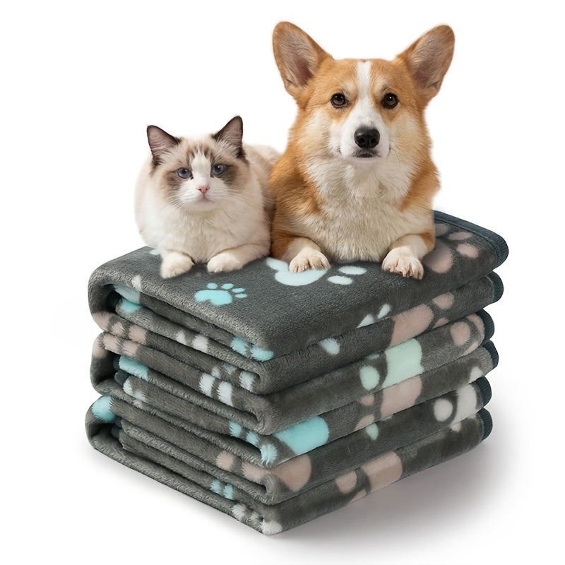 Fleece Pet Blanket 3-Pack for Dogs, Cats & Puppies – Super Soft, Fluffy, and Tear-Resistant Flannel Throw, Paw Print (Brown, Pink, White), Machine Washable, Includes Free Pet Drying Towel
