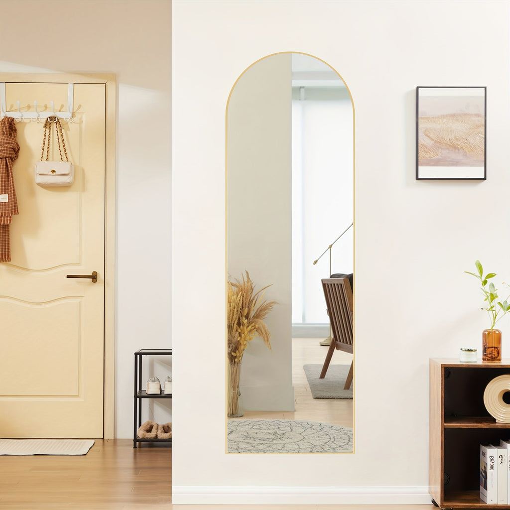 Arched Full Body Floor Mirror with Stand - 59×16in, Moisture & Shatter-Resistant Nano Glass, Vertical Grooming Mirror - Office & Home Decor - Golden