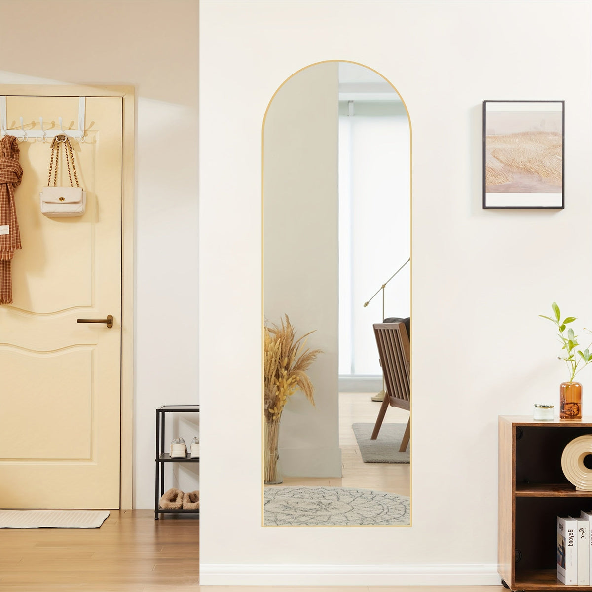 Arched Full Body Floor Mirror with Stand - 59×16in, Moisture & Shatter-Resistant Nano Glass, Vertical Grooming Mirror - Office & Home Decor - Golden