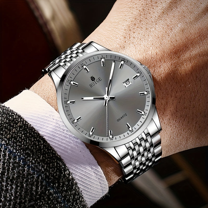 RUIGE Men's Luxury Quartz Watch Stainless Steel with Calendar, Luminous, and Rhinestone Accents - Sports Business Dress Watch for Men, Gift for Him