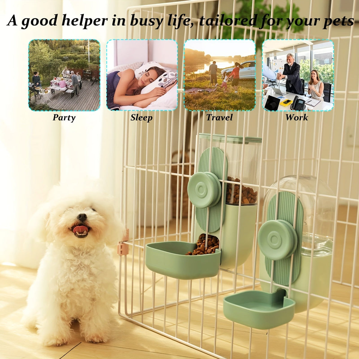 Hanging Cage Pet Feeder & Waterer Set 35oz - Auto Gravity Food & Water Dispenser for Cats, Dogs, Rabbits, Chinchillas, Ferrets, and Hedgehogs - Battery-Free Cage-Mounted Feeding Station for Small Animals (Green)