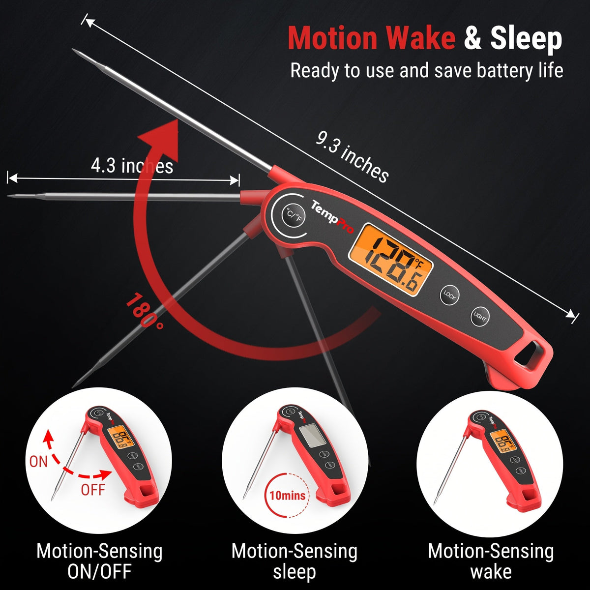 Instant Read Meat Thermometer with Motion Sensing Foldable Probe, Digital Food Thermometer for Kitchen, BBQ, Grill, Smoker, Candy, and Oil Cooking, -58°F to 572°F, Fast 2-3 Second Response