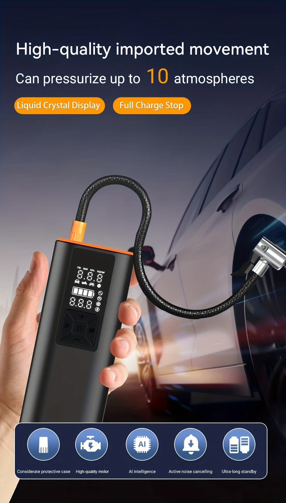 便携式充气泵 150 PSI 无线空气压缩机 – 数字压力表、自动关机、LED 灯、双动力 6000mAh 电池 + 12V 电源线、4 种预设模式（适用于汽车、摩托车、自行车、球类）