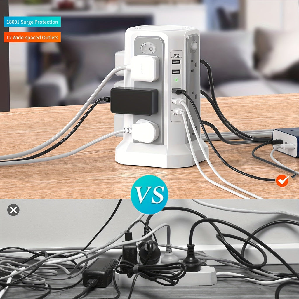 Tower Surge Protector Power Strip, 12 AC Outlets, 5 USB Ports with 18W PD USB-C Fast Charging, 10FT Extension Cord, 1800J Surge Protection, 4 Switches, for Home, Office, Desk, and Dorm Room – Space-Saving Vertical Design