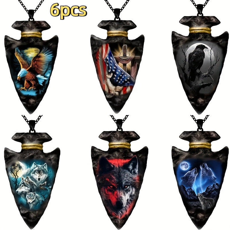 Men's Wolf Head Totem Pendant Necklace 6-Piece Set, Gothic Viking Animal Charm Jewelry, Stainless Steel, Halloween Birthday Gift
