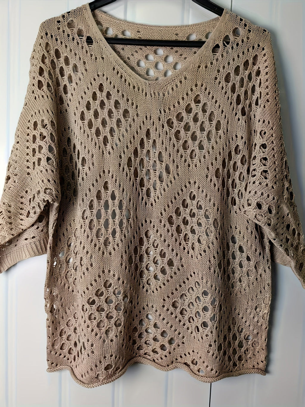 Bohemian V-Neck Openwork Sweater Women's 3/4 Sleeve Lightweight Pullover Spring Summer Fall Casual Tops US Warehouse