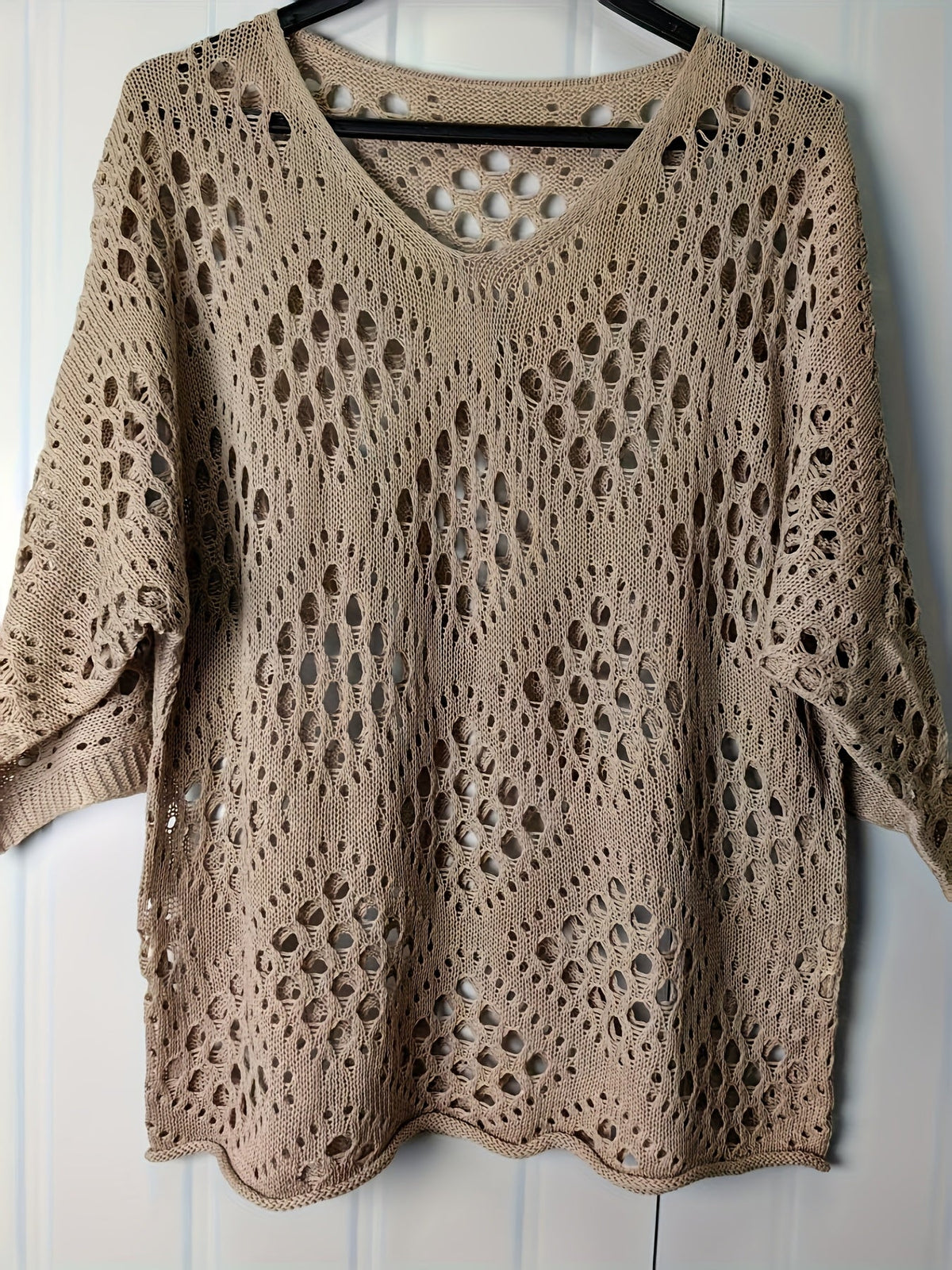 Bohemian V-Neck Openwork Sweater Women's 3/4 Sleeve Lightweight Pullover Spring Summer Fall Casual Tops US Warehouse
