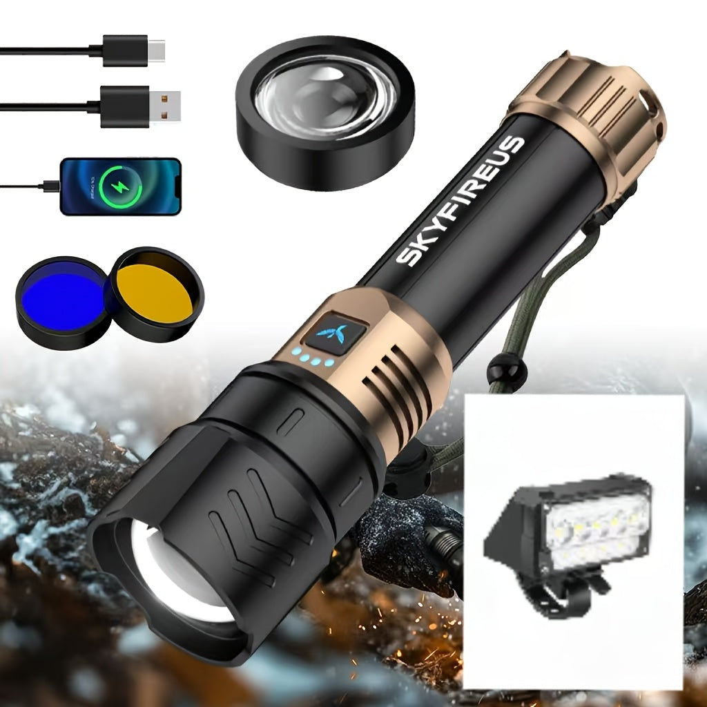 SKYFIRE 5000 Lumen Rechargeable LED Flashlight with Ignition Lens, Adjustable Focus & 4 Modes – Super Bright High-Lumen Tactical Flashlight for Camping, Outdoor, Farm & Emergency Family Use