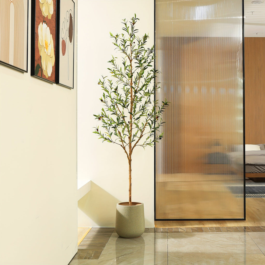 Artificial Olive Tree - Faux Silk Plant with Natural Wood Trunk & Lifelike Fruits, Shapeable Branches, Black Pot Included - Home, Office & Holiday Decor - 4ft, 5ft, 6ft & 7ft