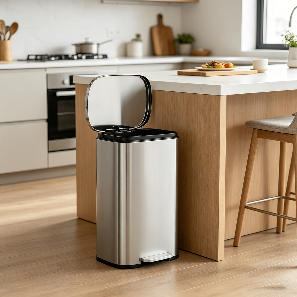 Pedal Trash Can – Fingerprint-Proof Stainless Steel Kitchen Garbage Can with Removable Inner Bucket & Hinged Lid for Kitchen Home Office in 5L to 50L
