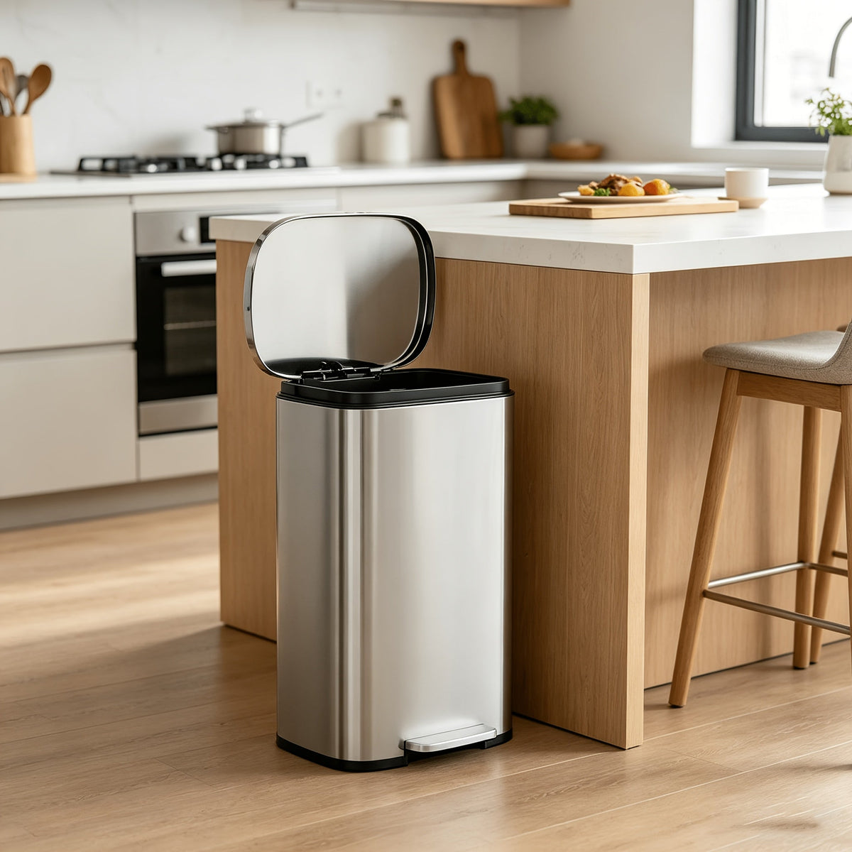 Pedal Trash Can – Fingerprint-Proof Stainless Steel Kitchen Garbage Can with Removable Inner Bucket & Hinged Lid for Kitchen Home Office in 5L to 50L