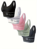 5pcs Wireless Sports Bra Set – Full Coverage High Elasticity Nylon Bra for Yoga, Running, and Gym, Breathable and Machine Washable, Mixed Colors, DANSHEER Print, Women's Activewear Bra Pack