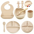 8-Piece Silicone Baby Feeding Set, Suction Bowl, Divider Plate, Spoon, Fork, Sippy Cup & Adjustable Bib, Self-Feeding Toddler Tableware for Ages 0-3, Beige, Dark Green, Gray Blue, Dark Pink & Light Pink