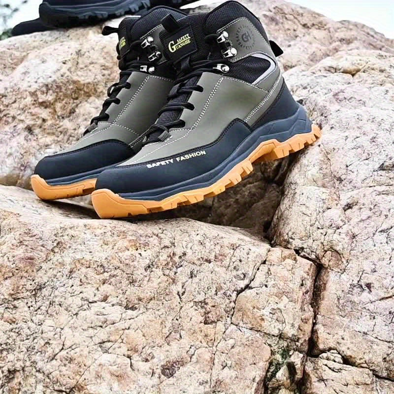 Men's Steel Toe Work Boots, Heavy Duty, All-Terrain Rubber Sole, Cushioned Insole, Arch Support, Four-Season Construction, Industrial, Farm, and Outdoor Boots, Black/Army Green, US Sizes 6-11