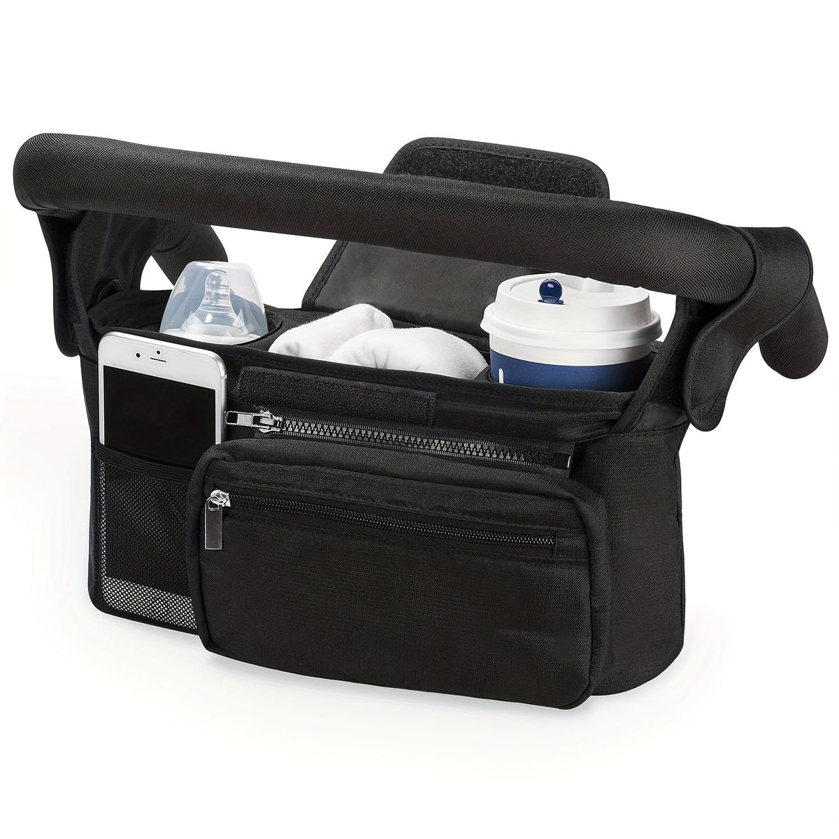 Universal Stroller Organizer with Insulated Cup Holder Detachable Phone Pouch Shoulder Strap Plaid Pattern – Fits UPPAbaby Britax BOB Umbrella Pet Strollers Black