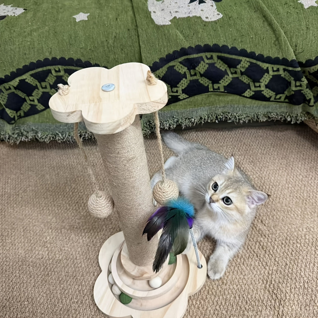 Multi-Level Cat Scratching Post Premium Sisal with 6 Wooden Toy Balls, 2 Hanging Balls, 2 Feather Teaser Toys, Non-Slip Base, Interactive Cat Tree for Indoor Cats and Kittens