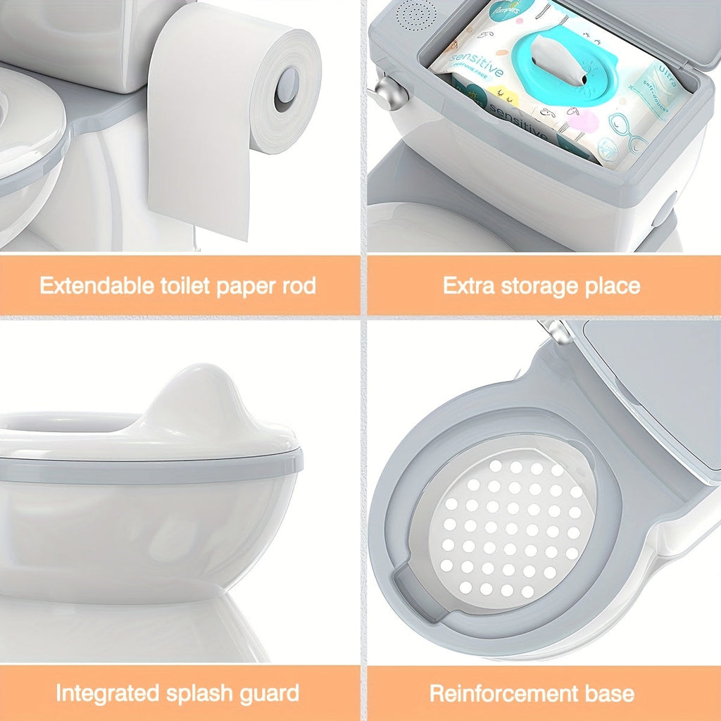 Realistic Toddler Potty Training Toilet with Flush Button & Anti-Slip Rubber Base, Detachable Baby Potty Chair with Splash Guard & Wipe Storage for Boys & Girls 18M+, Gray Blue & Pink