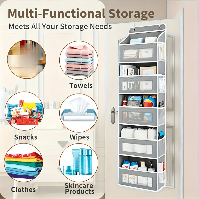 5-Layer Behind-Door Storage Rack - 44LB Load-Bearing, No-Drill Anti-Tilt Hanging Organizer - Multifunctional Plastic Storage for Bedroom, Bathroom, Kitchen & Wardrobe - Grey