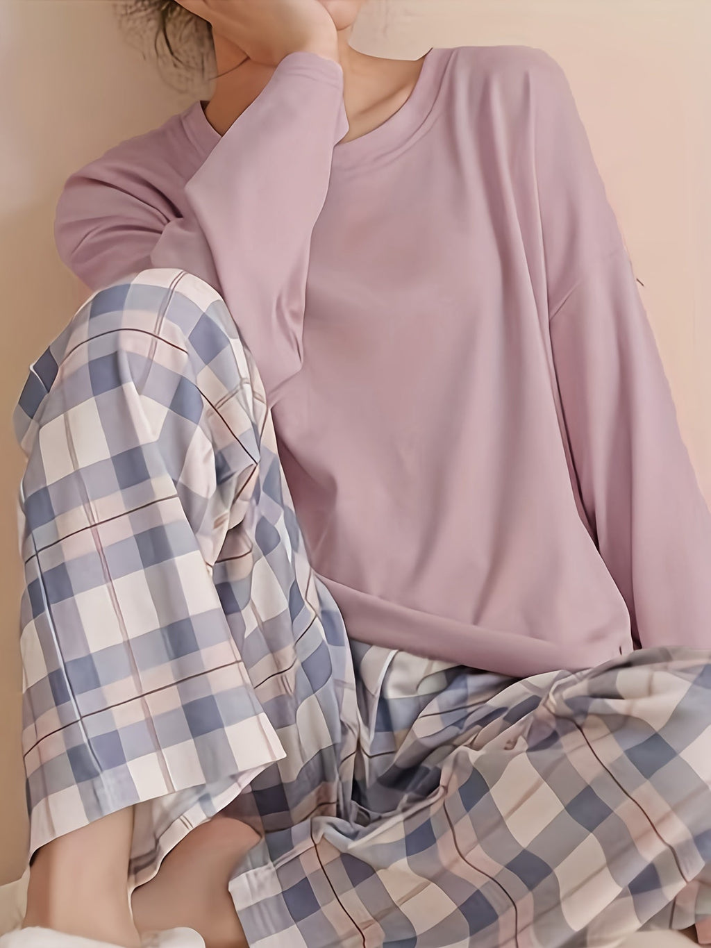 Women's Plaid Pajama Set - Long Sleeve Casual Home Wear - Spring & Autumn - S–XXL - Apricot, Pink Red, Light Steel Blue & Lavender