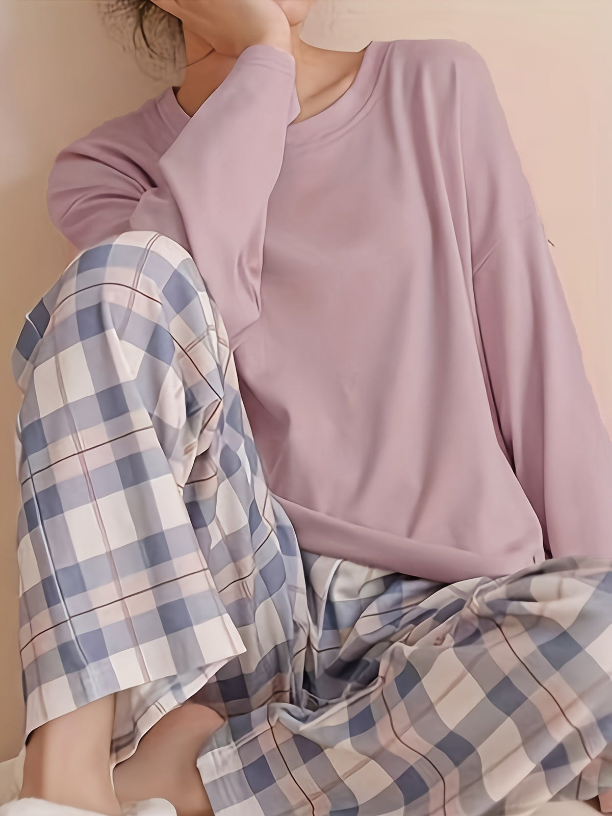 Women's Plaid Pajama Set - Long Sleeve Casual Home Wear - Spring & Autumn - S–XXL - Apricot, Pink Red, Light Steel Blue & Lavender