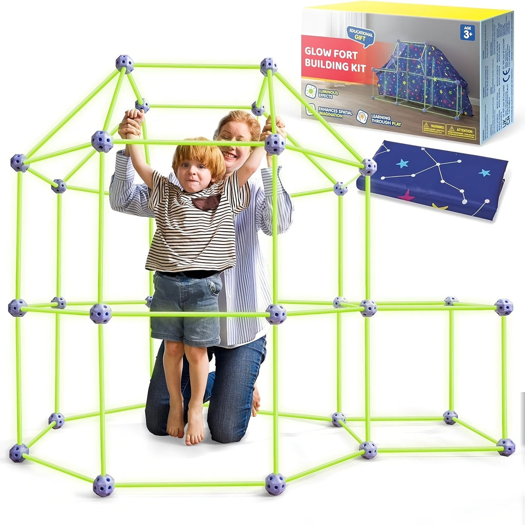 Glow-in-the-Dark Fort Building Kit 81 Pieces – Kids STEM Construction Toy for Indoor Outdoor Castles Tunnels Tents with Star Cloth & Storage Bag Ages 4-12