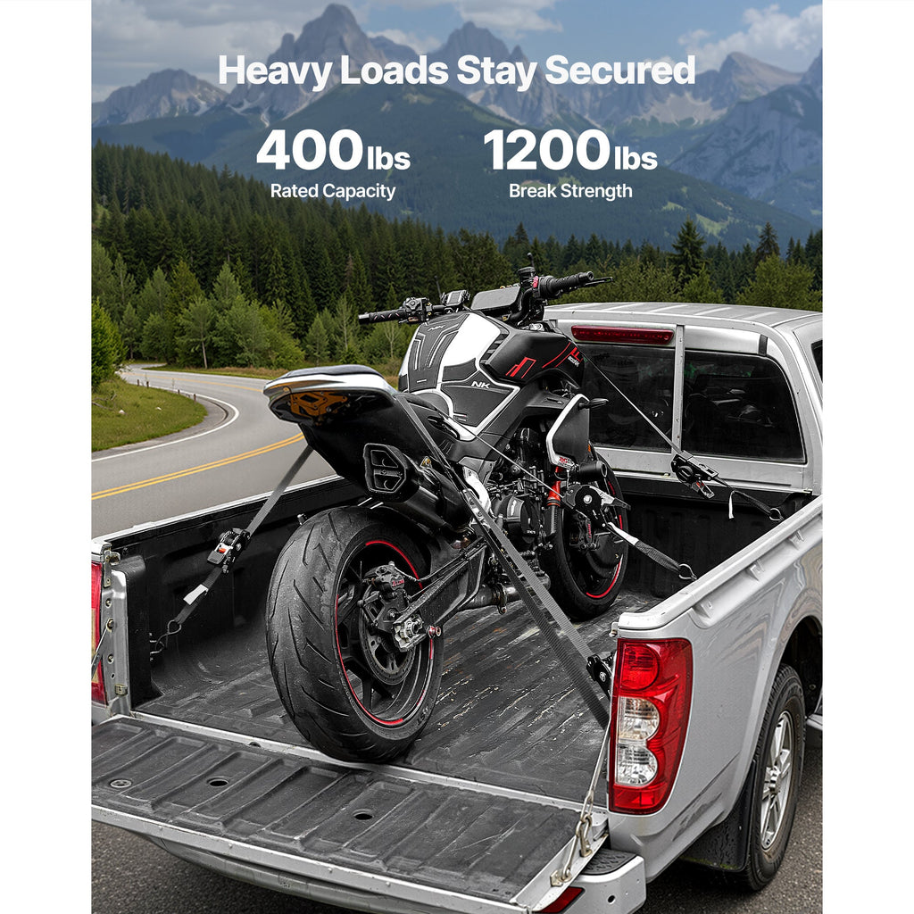 VEVOR Retractable Ratchet Straps 4-Pack - 1" x 10 ft, 400 lbs WLL / 1,200 lbs Break Strength, One-Touch Auto Retract, S-Hooks & 4 Soft Loops - Moving, Trailers, Motorcycles, Kayaks & Car Roof - Black
