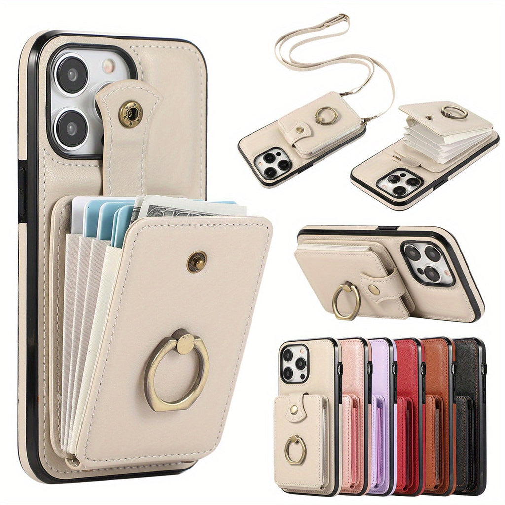 iPhone Wallet Case with Card Holder, 360° Ring Kickstand & RFID Blocking - Compatible with iPhone 6 to iPhone 18 Pro Max - Black, Off-White, Red, Rose Gold, Purple & Brown