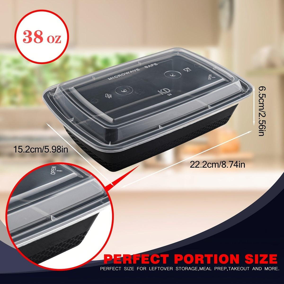 38oz Black Rectangular Meal Prep Containers 100/200 Pack Leakproof Stackable Disposable Food Storage Bento Box BPA Free Microwave, Dishwasher, and Freezer Safe for Takeout, Lunch, and Picnic