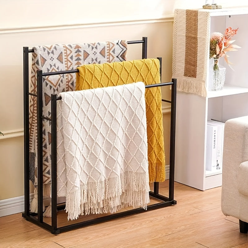 47" 3-Tier Free Standing Floor Towel Rack – Oversized Pool & Bath Towel Drying Rack Blanket Quilt Holder Stand for Bathroom Bedroom Beach Hot Tub Gym & Pool in Black