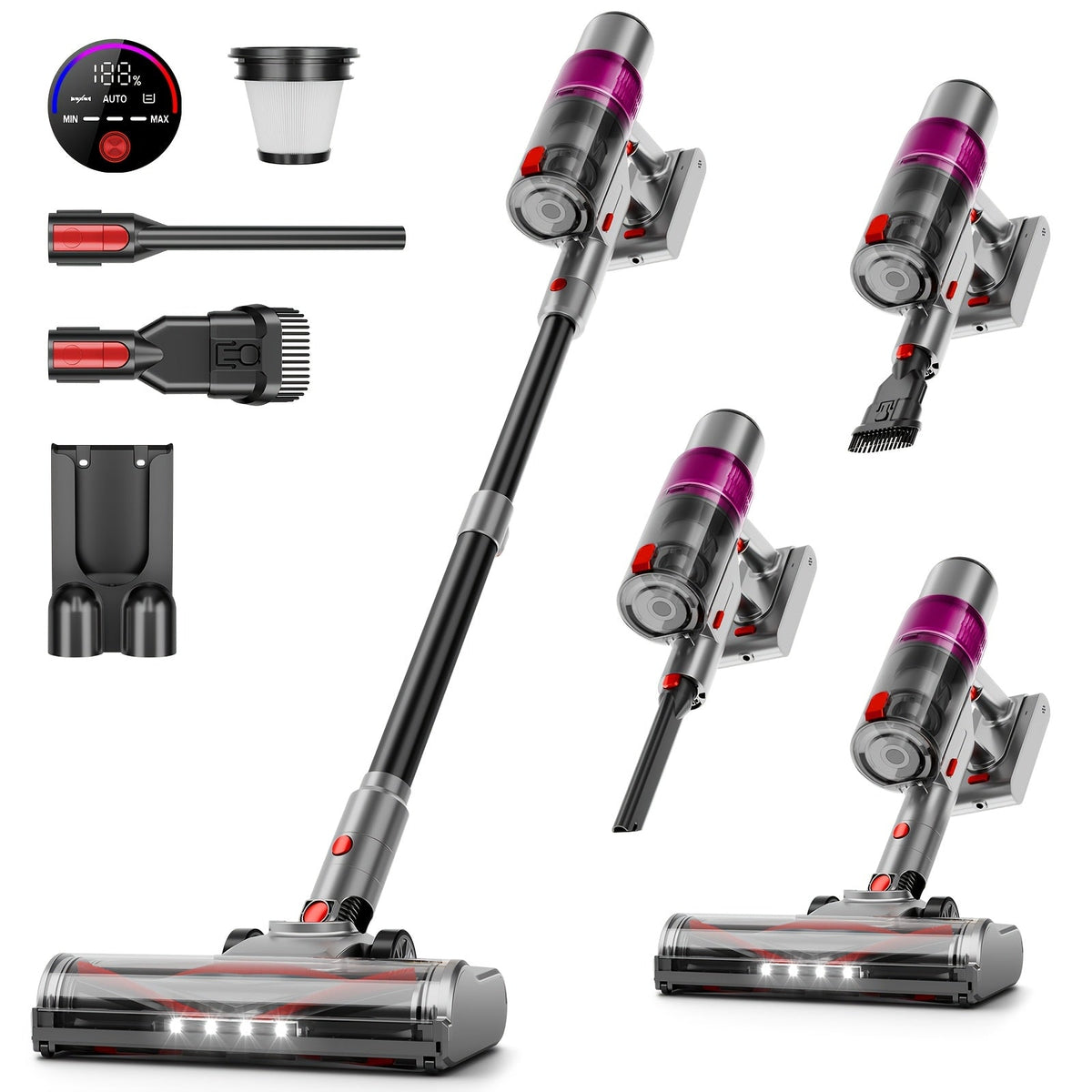 Cordless Vacuum Cleaner 550W 62Kpa Powerful Suction LED Smart Display Anti-Tangle Brush Removable Battery Lightweight All-in-1 for Home Carpet Pet Hair Hardwood Floor Multiple Colors