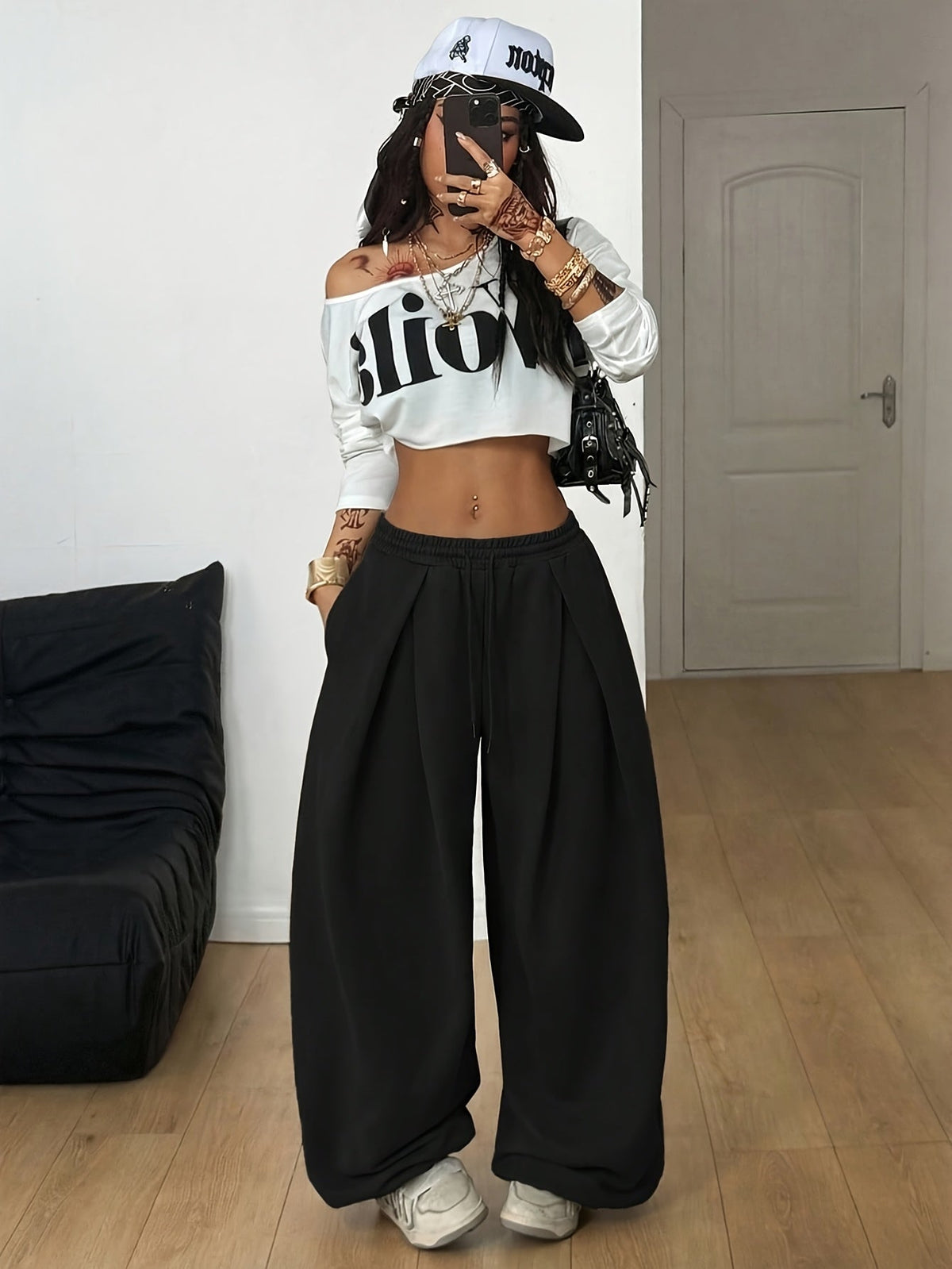 Women's Y2K Low-Rise Drawstring Pants Loose Fit Wide-Leg Trousers Street Style Casual Light Gray Spring Summer XS-XL