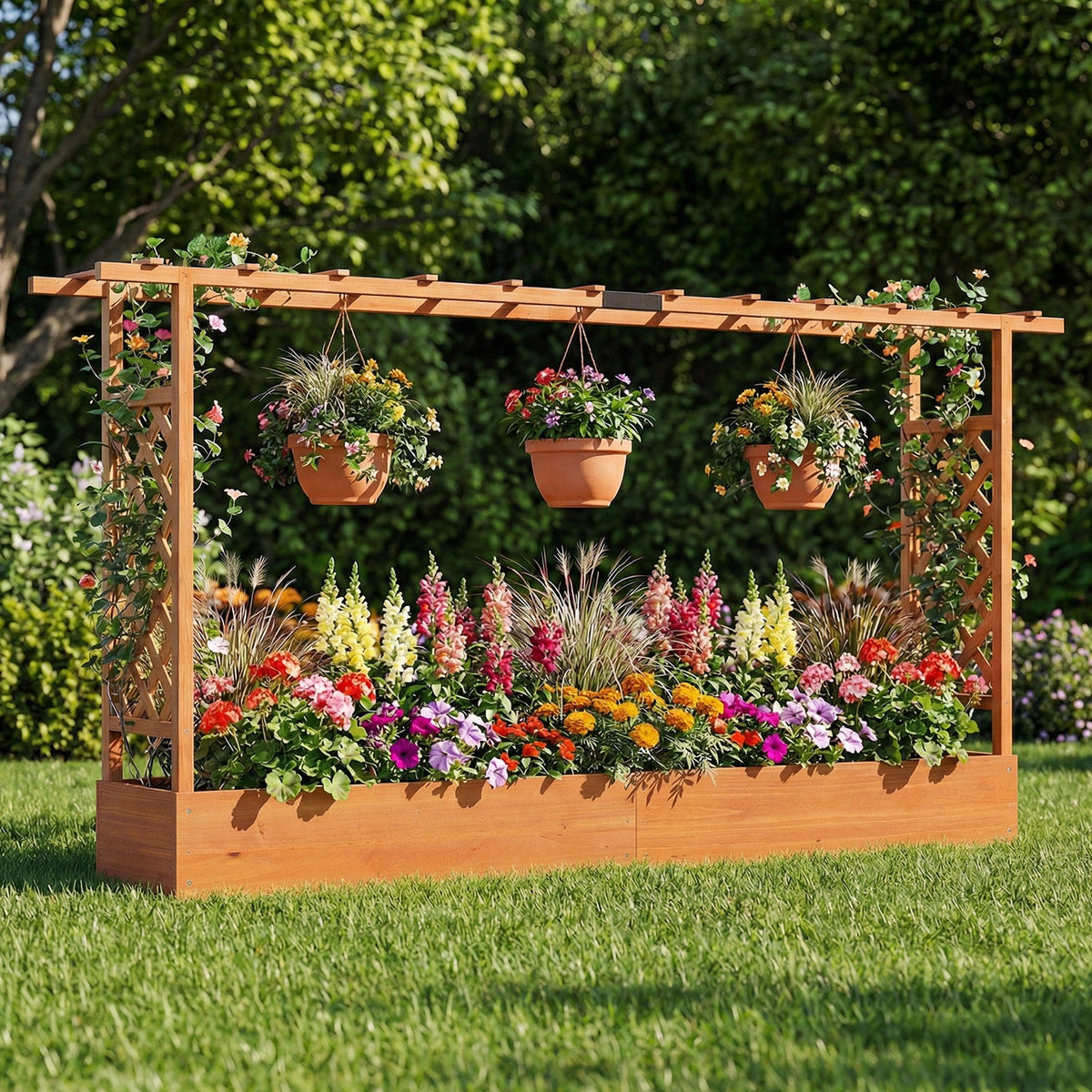 Raised Garden Bed with Trellis & Hanging Roof, 87"x14"x45", Fir Wood, 110 Lb Capacity, Drainage Holes, Detachable Bottom, Freestanding Elevated Planter Box for Climbing Plants, Vines, Vegetables & Flowers, Patio & Balcony
