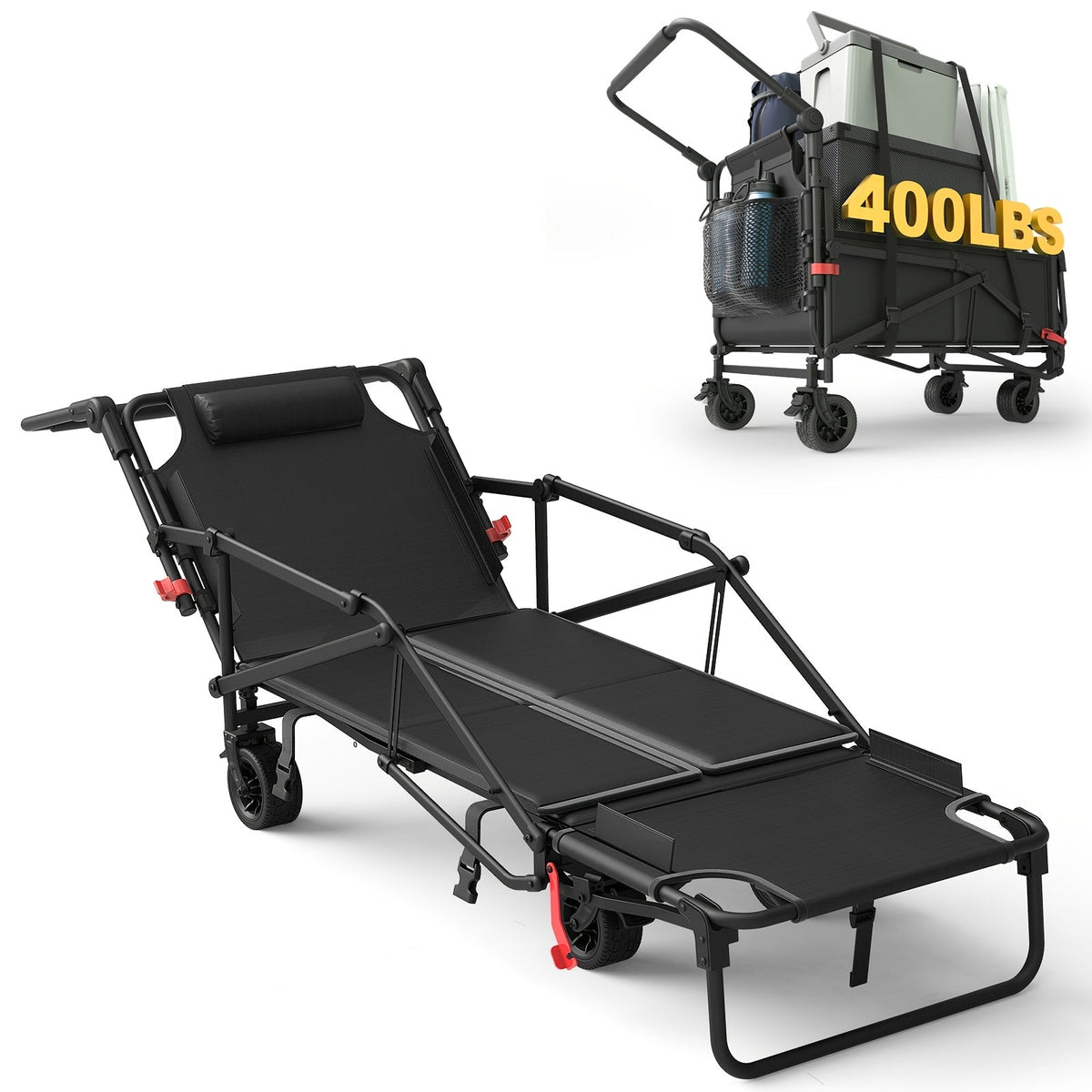 Heavy Duty Folding Wagon 2-in-1 Collapsible Cart and Beach Chair 400 420 650LBS Capacity All-Terrain 360 Swivel Wheels with Brakes Side Pockets for Camping Beach Groceries