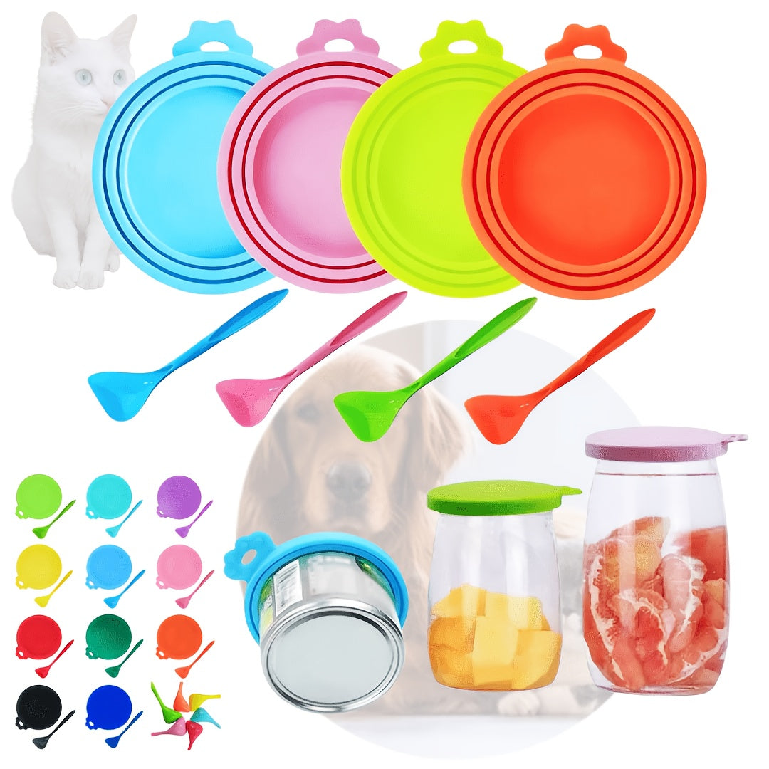 6-Piece Silicone Pet Food Can Lid and Spoon Set - Universal 3-Size Fit, Reusable Airtight Covers for Dog & Cat Wet Food, BPA-Free Feeding Spoon Combo, Random Colors