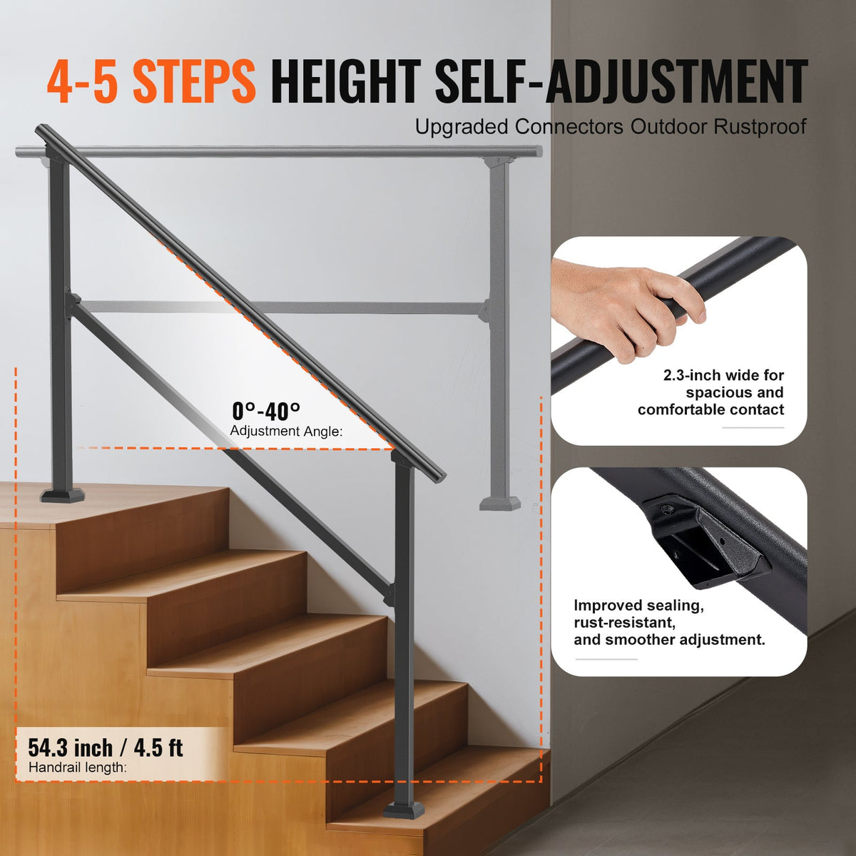 Outdoor Stair Handrail for 4-5 Steps, 220 lbs Load, Square Tube Steel, 0-40° Adjustable Angle, Stainless Steel Expansion Bolts, Full Hardware Set, for Porch Deck Garage Garden, Black