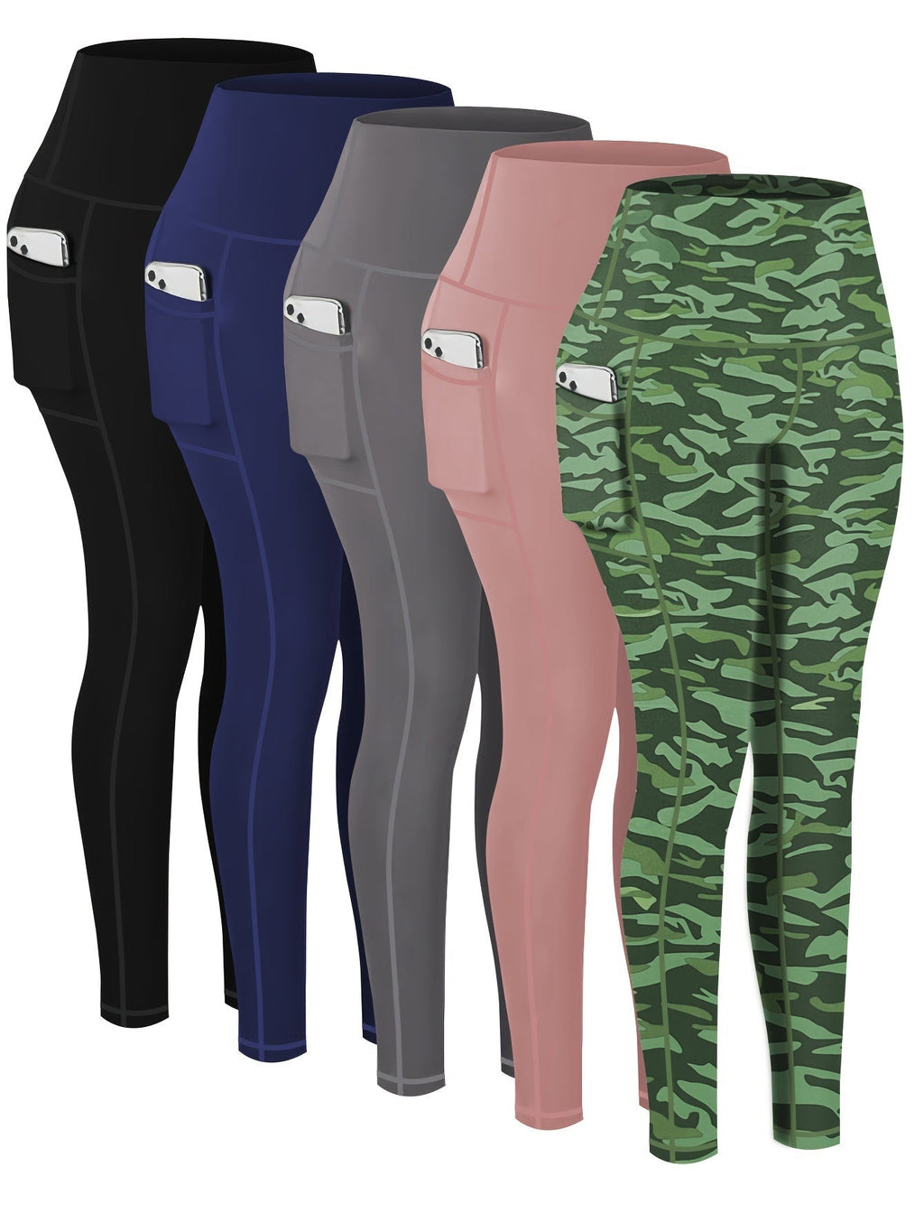 5-Piece Women's Printed Compression Yoga Pants – 7/8 Length Fitness Running Leggings with Leopard, Camo & Solid Patterns, High-Waist Athletic Tracksuit Bottoms for Gym Workout, S-XXL