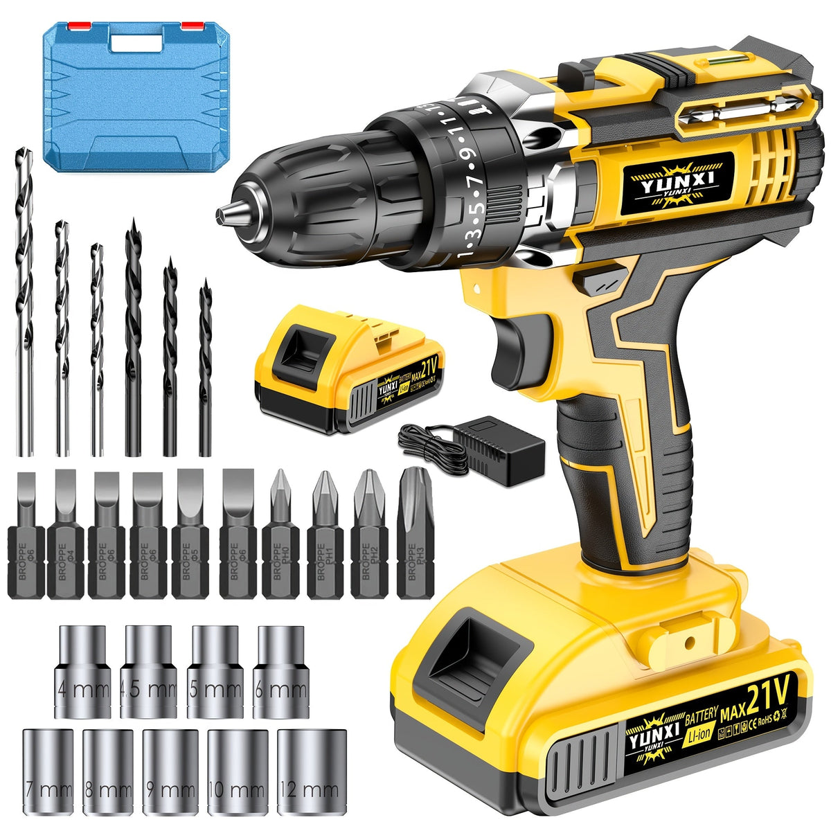 21V Cordless Impact Drill Set, 2.0Ah Battery & Fast Charger with Work Light, Variable Speed & Torque Adjustment, Electric Screwdriver Combo – Optional Storage Box for Car & Home Repair, DIY Men's Gift