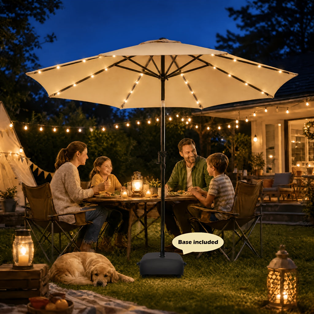 9ft Solar LED Patio Umbrella with Base 32 LED Lights Steel Frame Ventilation Push-Button Tilt & Crank for Garden Deck Backyard & Pool – Brown