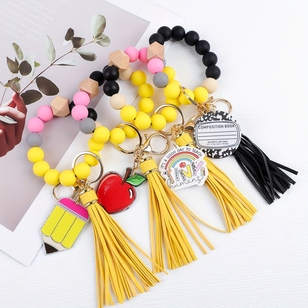 4-Piece Teacher Beaded Keychain Gift Set – Handmade Pencil, Apple, Notebook, and TEACH Charm Keychains with Lobster Clasp, Perfect for Teacher's Day, Graduation, Back to School, or Bag Decoration