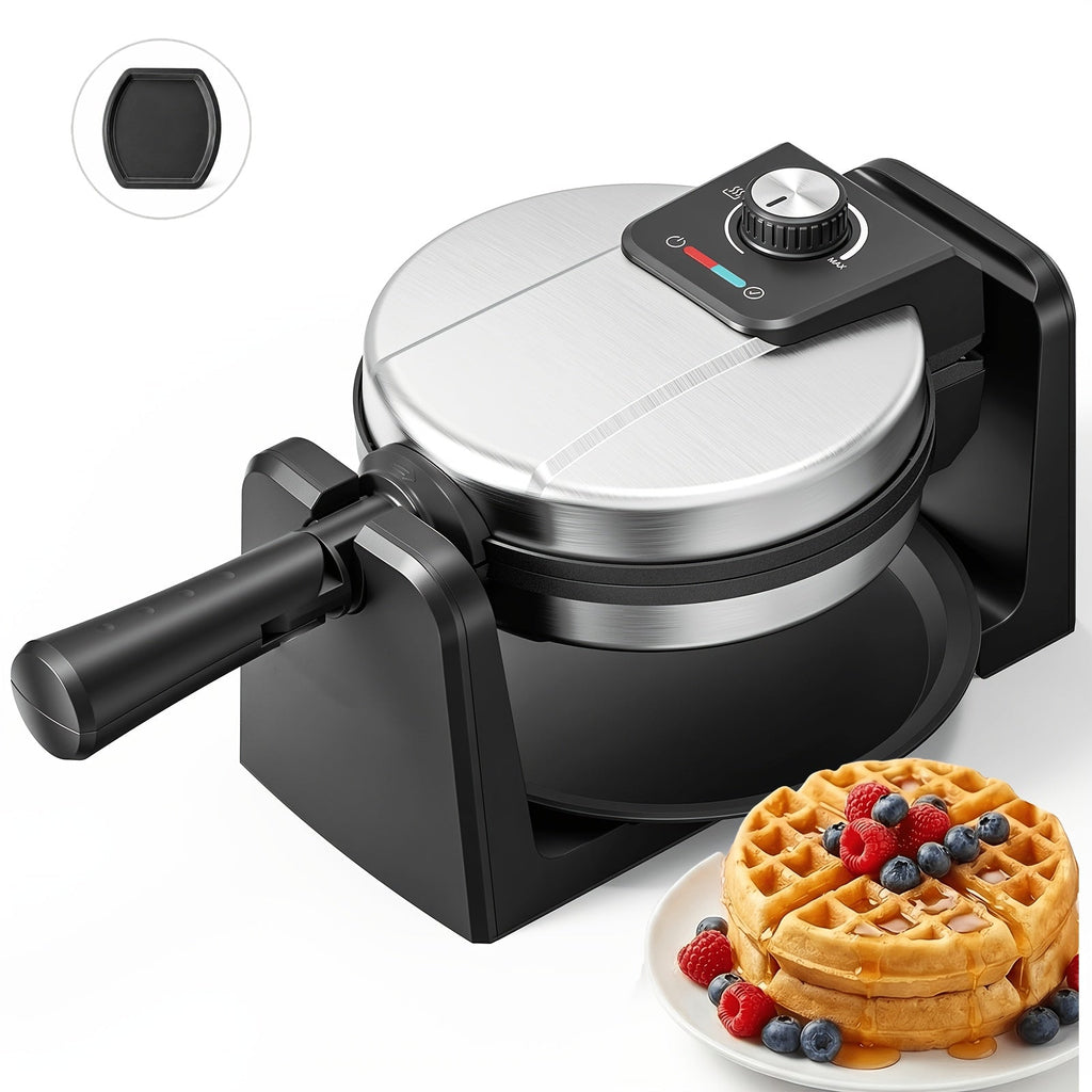 Rotating Belgian Waffle Maker - 180° Flip Waffle Iron, Non-Stick Plates, Adjustable Browning Control, Foldable Cool-Touch Handle, Removable Drip Tray, Space-Saving Stainless Steel Design - Silver & Black Double Iron