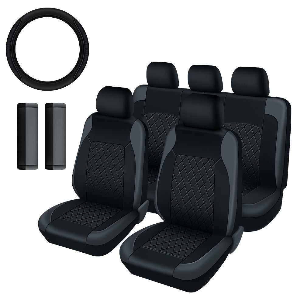PU Leather Car Seat Covers, Universal Fit, Waterproof, Quilted, All-Season, with Sponge Padding, for Cars, SUVs, Trucks, Gray/Black/Red/Blue, Single or 12-Piece Set