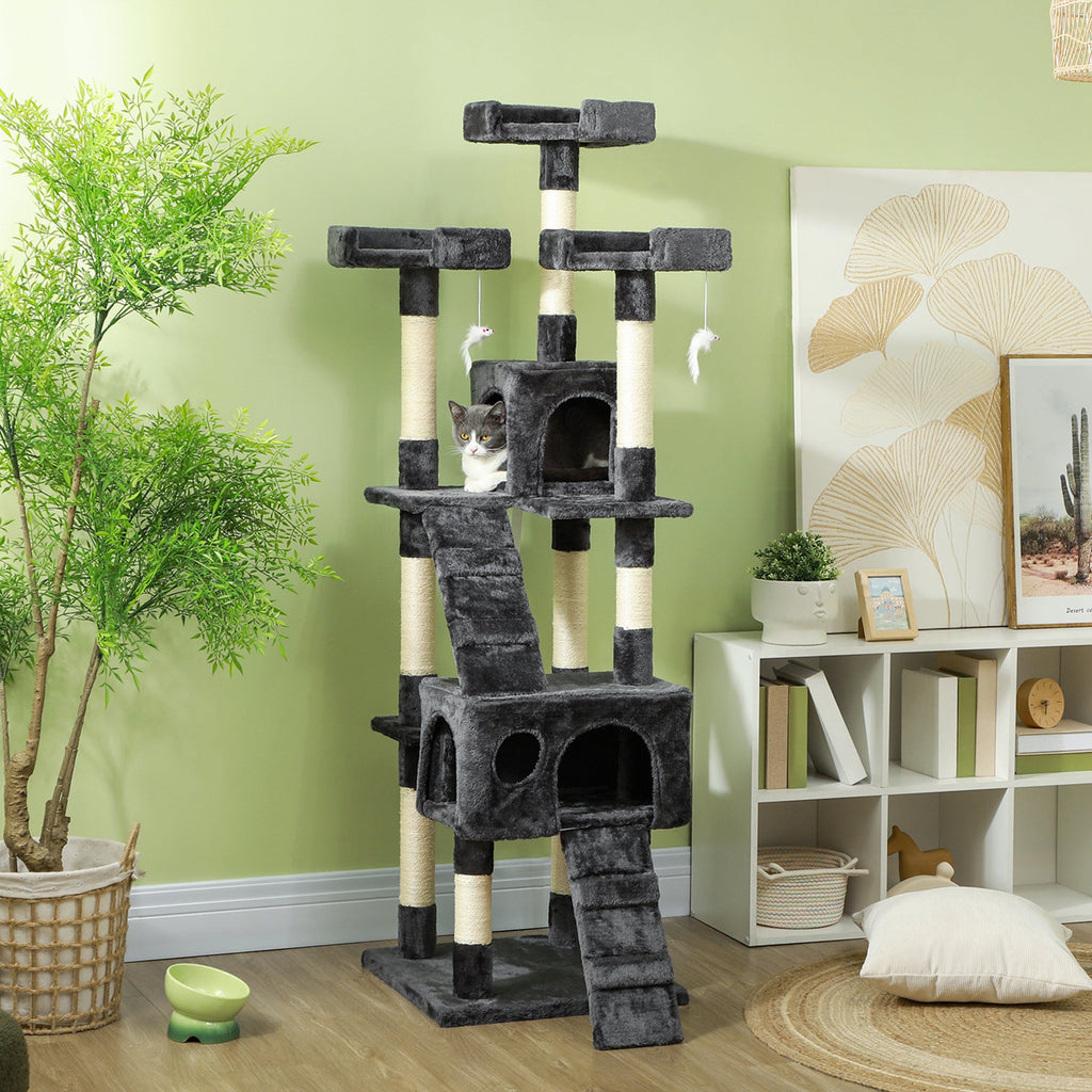 68-Inch Multi-Level Cat Tree Tower with 2 Condos, Sisal Scratching Posts, Plush Perches, Ladders & Dangling Toys, Sturdy Particle Board Base, for Cats up to 10 lbs, 19.3"x19.3"x68.1"