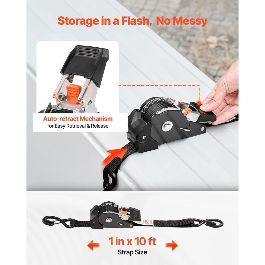VEVOR Retractable Ratchet Straps 4-Pack - 1" x 10 ft, 400 lbs WLL / 1,200 lbs Break Strength, One-Touch Auto Retract, S-Hooks & 4 Soft Loops - Moving, Trailers, Motorcycles, Kayaks & Car Roof - Black