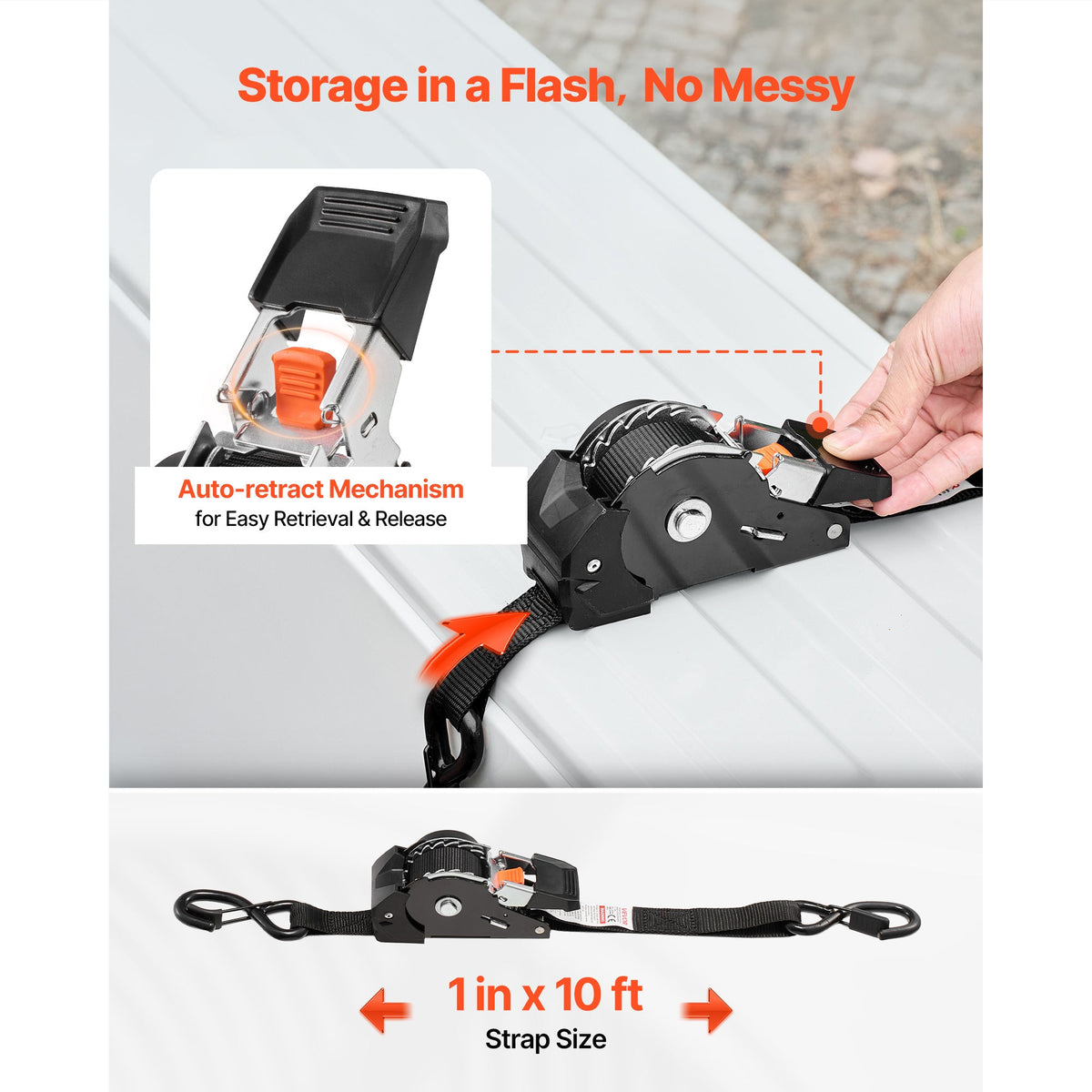 VEVOR Retractable Ratchet Straps 4-Pack - 1" x 10 ft, 400 lbs WLL / 1,200 lbs Break Strength, One-Touch Auto Retract, S-Hooks & 4 Soft Loops - Moving, Trailers, Motorcycles, Kayaks & Car Roof - Black