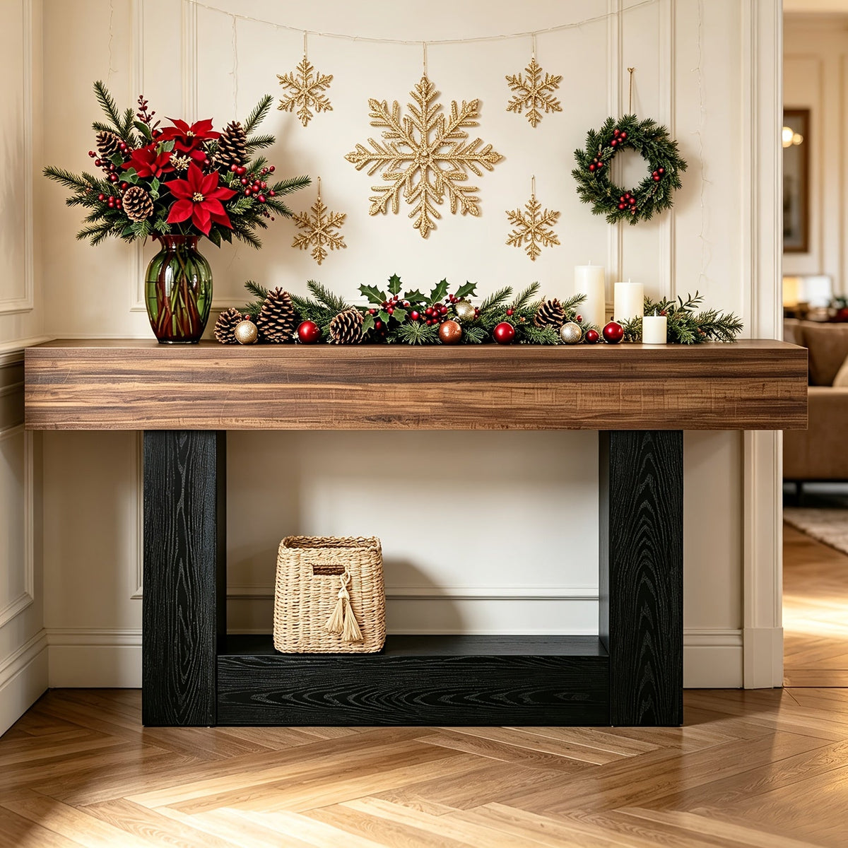 Farmhouse Console Table with U-Shaped Base & Bottom Shelf, Rustic MDF Entryway Table for Living Room Hallway Foyer Corridor, Country Style Sofa Table with Storage, Durable Modern Rustic Decor