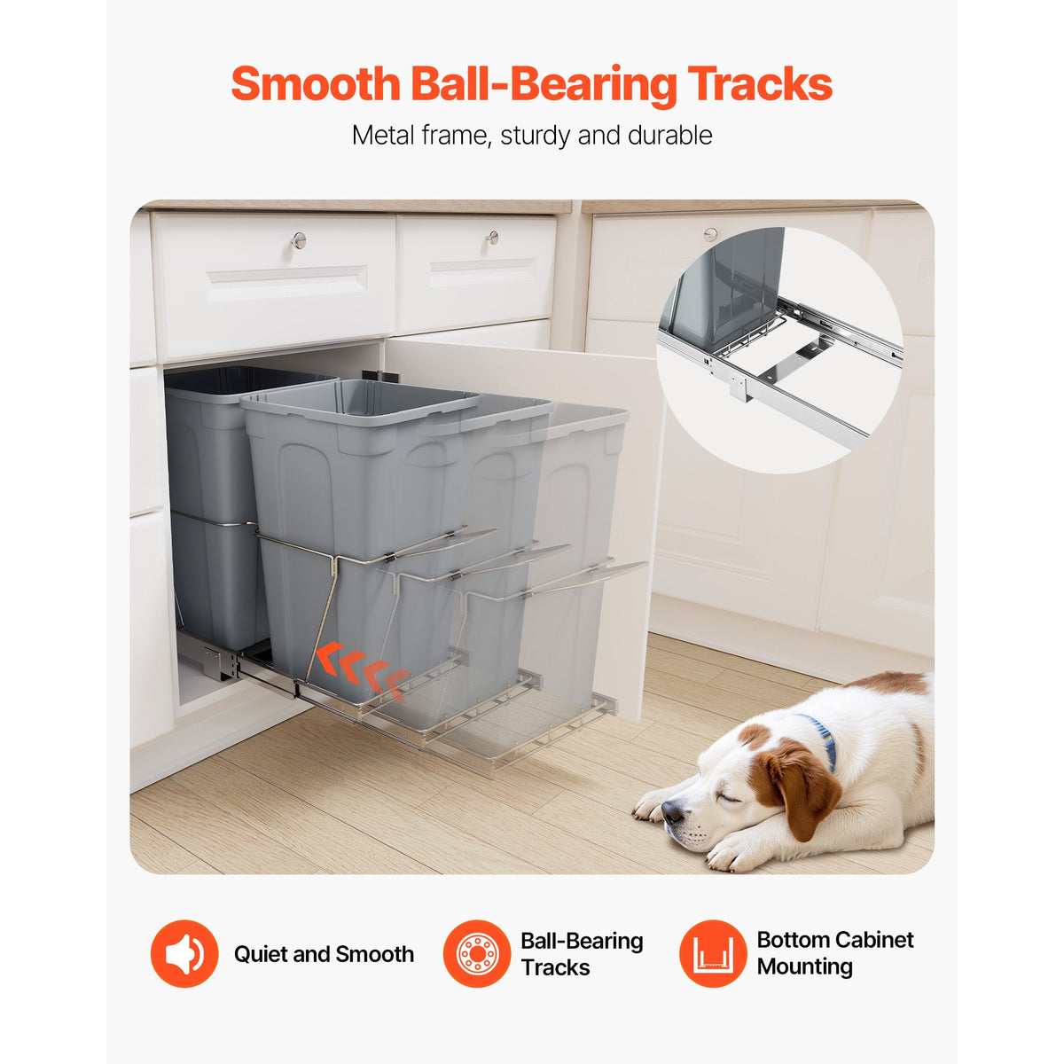 Double Pull-Out Trash Can for Kitchen Cabinets, 27+27 QT (54 QT Total), Full-Extension Steel Ball Rails, Iron Bracket, Handle, Under-Sink Garbage & Recycling Bin, Hidden Under-Cabinet Mount