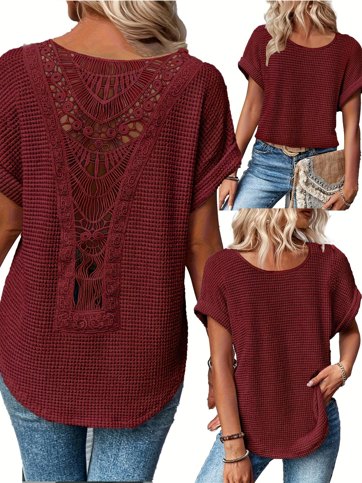 Lace Patchwork Round Neck Short Sleeve T-Shirt Women's Summer Casual Flowy Top Peacock Blue Khaki Black White S M L XL XXL